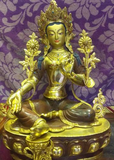 Partly Gold Gilded 18" Tibetan Green Tara Statue, Gold Face Painted, Multicolored Robes - Gallery