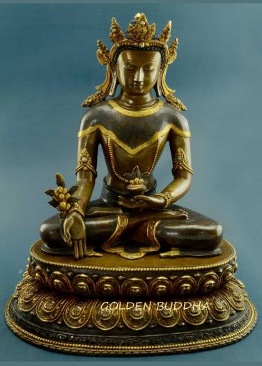 Oxidized Copper 13.5" Medicine Buddha Statue (24k Gold Gilded) - Gallery
