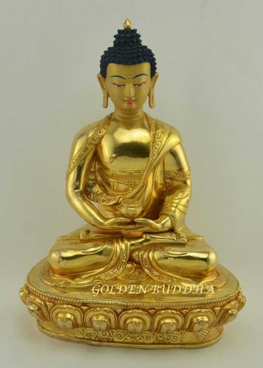 Fully Gold Gilded 13" Amitabha Statue, Fire Gilded 24k Gold Finish, Hand Carved Fine Details - Gallery