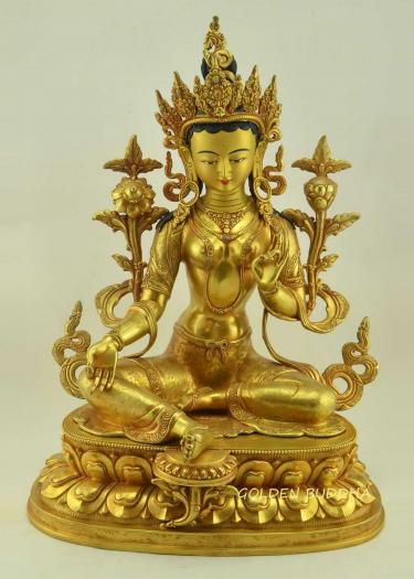 Fully Gold Gilded 19.5" Green Tara Statue, Hand Face Painted - Gallery