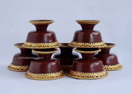3" Set of Seven Tibetan Offering Bowls 2" Hgt (Oxidized Copper, 24k Gold Trim)