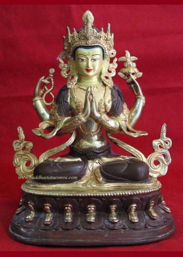 Partly Gold Gilded 8" Chenrezig Statue (Antique Finish) - Front
