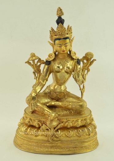Fully Gold Gilded 13.5" Green Tara Statue Double Lotus Pedestal - Gallery