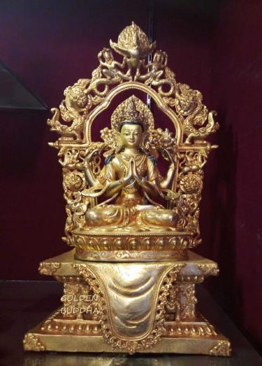 Fully Gold Gilded 17" Enthroned Chenrezig Statue - Gallery