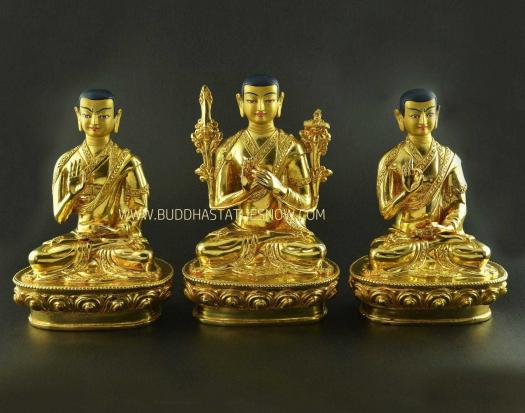 Fully Gold Gilded 8" Guru Tsongkhapa Statues Set (24k Gold Finish) - Gallery