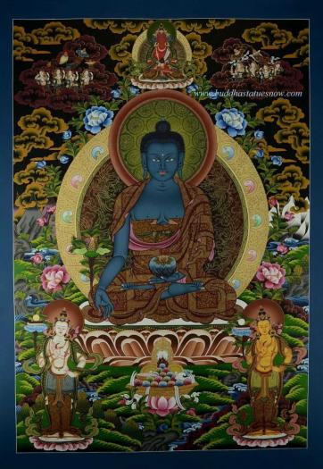 Medicine Buddha Tibetan Thangka Painting 32.5" x 23" (24k Gold Detailing) - Gallery