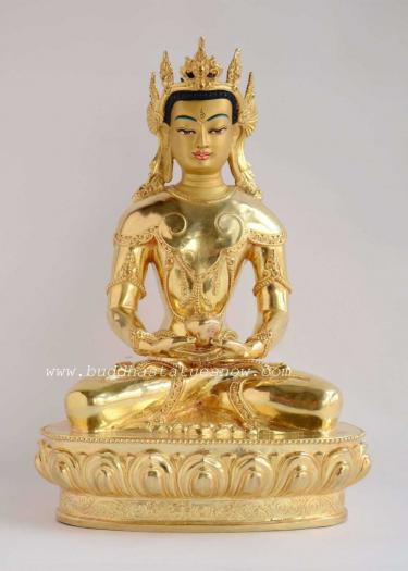 Fully Gold Gilded 10" Crowned Amitabha Buddha Statue - Front