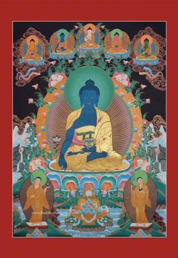 Medicine Buddha Tibetan Thangka Painting 33.5" x 24.5" (24k Gold Detailing) - Gallery