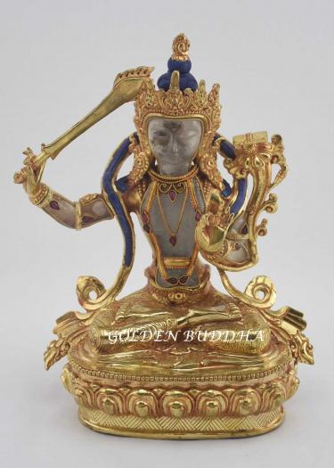 Gold Gilded 8.75" Tibetan Manjushri Sculpture, Crystal Body, Semi-Precious Stones, 24K Gold Finish - Gallery