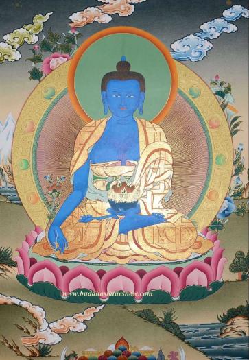 Medicine Buddha Tibetan Thangka Painting 26.25" x 20.25" (24k Gold Detail) - Gallery