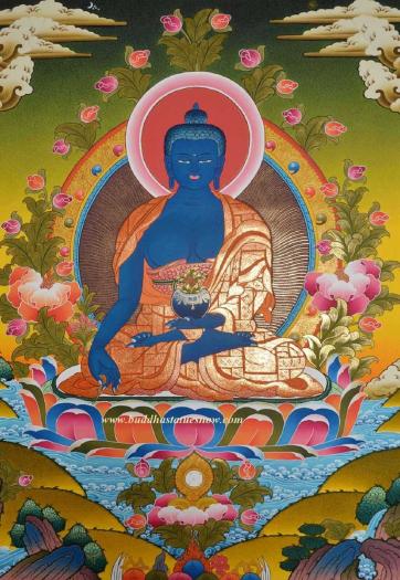Medicine Buddha Tibetan Thangka Painting 29.75" x 22.25" (24k Gold Detail) - Gallery