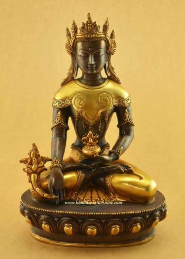 Oxidized Copper 10.25" Medicine Buddha Statue (24k Gold Gilded) - Front