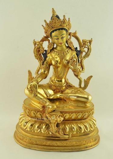 Fully Gold Gilded 15" Green Tara Statue Double Lotus Pedestal - Gallery
