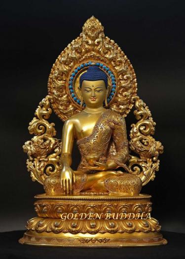 Fully Gold Gilded 42cm Masterpiece Shakyamuni Sculpture, Turquoise, Red Coral, FINE Engravings - Gallery