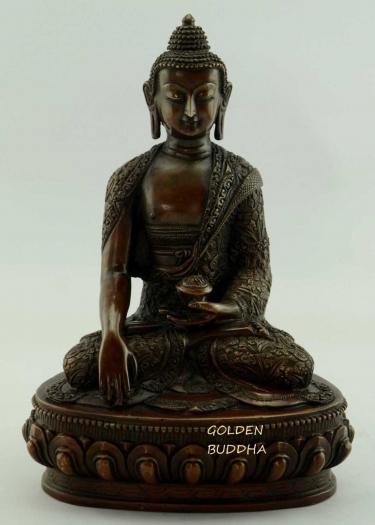 Oxidized Copper 8.75" Shakyamuni Statue, Beautiful Hand Carved Engravings - Gallery