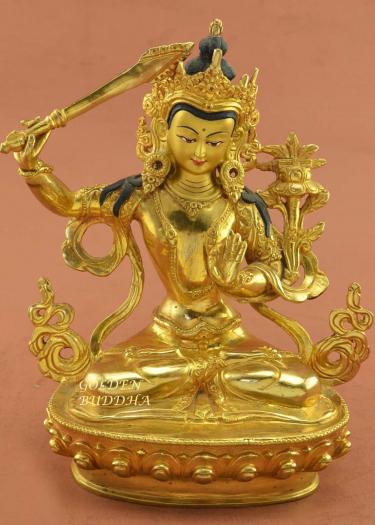 Fully Gold Gilded 8.75 inch Nepali Manjushri Statue, Traditional Craftsmanship - Front